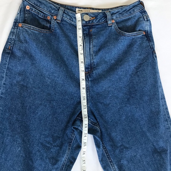 Asos high waisted slim mom jeans distressed raw hem mid wash blue size 30 - Picture 6 of 9